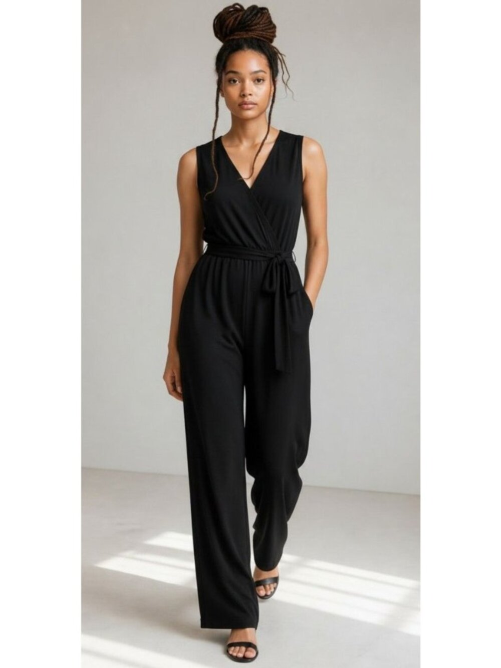 NY Collection Petite Surplice Belted Wide-Leg Jumpsuit, Black, PXS
